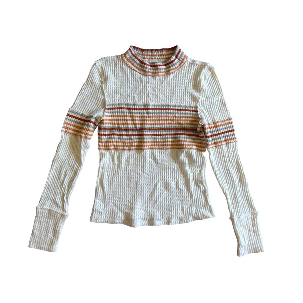 We The Free Sun Valley Turtleneck Striped Waffle Knit Thermal Top Ivory Large